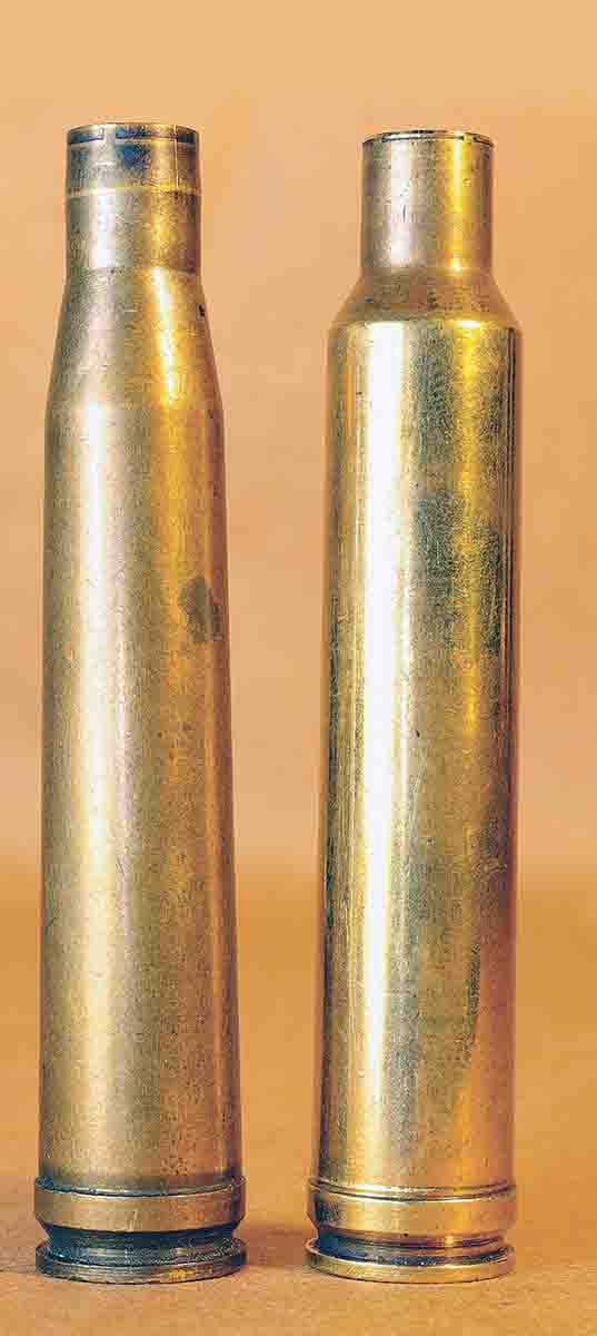 The .300 H&H Magnum case (left) can be converted into a .300 Ackley (right) by firing a cartridge in an Ackley chamber.